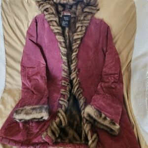 dennis basso wine suede trench with faux-fur trim